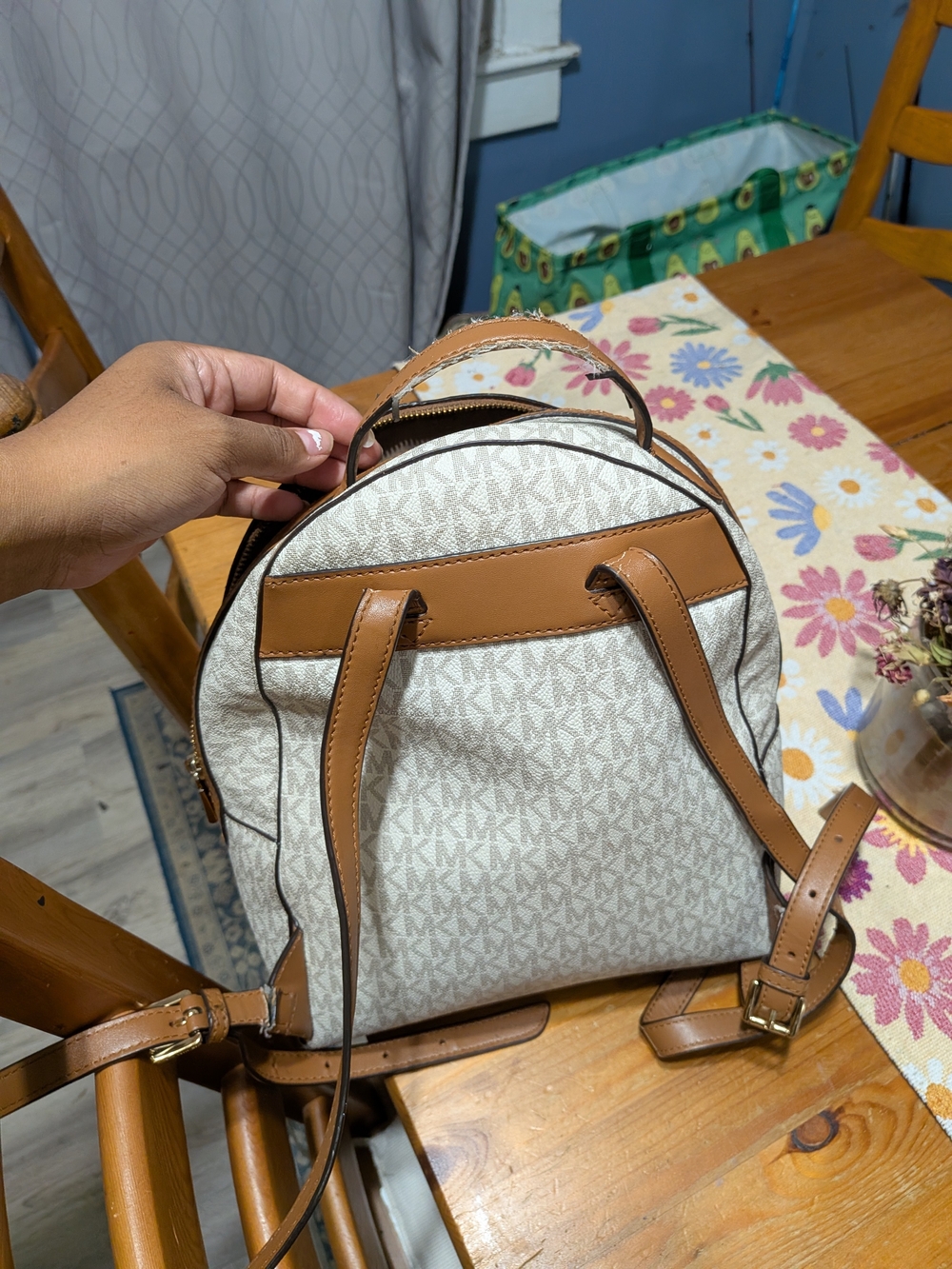 Michael Kors Cream Logo Mini Backpack with Tan Leather Trim